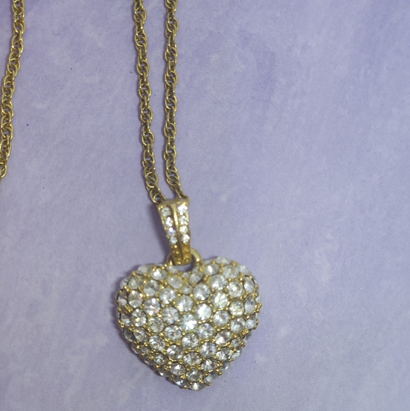 Vintage Monet Necklace GoldTone Puffy Heart Pendant Encrusted Rhinestones - Picture 6 of 7